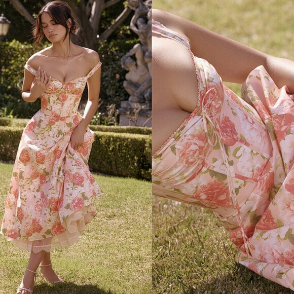 House of CB 'Rosalee' Pink Peony Print Cotton Bustier Sundress NWOT